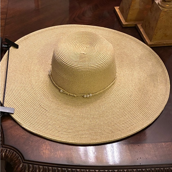 a new day Accessories - a new day Beige Wide-Brim Spring Summer Straw Hat Beading Detail Vacation Park.